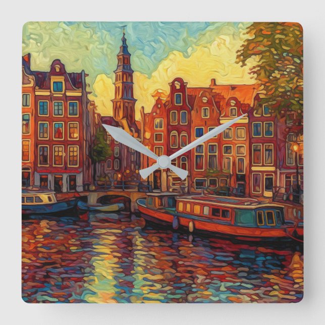 Dutch Evening Glow | Impressionist Amsterdam Canal Square Wall Clock (Front)