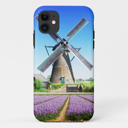 Dutch Farm Windmill and Purple Flower Field  iPhone 11 Case