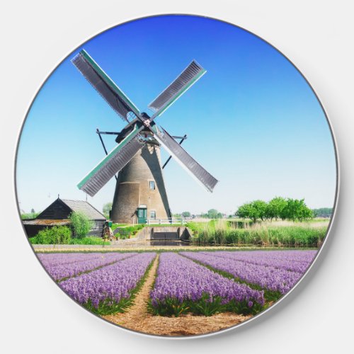 Dutch Farm Windmill and Purple Flower Field   Wireless Charger