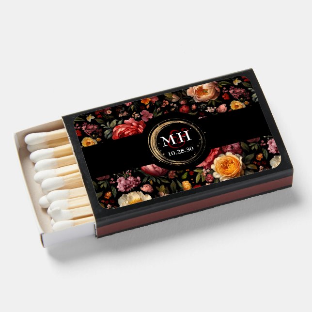 Dutch Fine Art Flowers Black Moody Floral Monogram Matchboxes (Front Open)