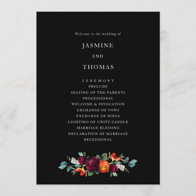 Dutch Florals on Black Vintage  wedding program  (Front)