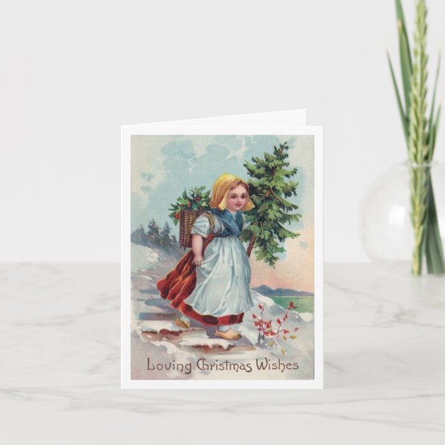 Dutch girl, Christmas tree, holly greeting card (Front)