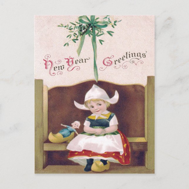 Dutch Girl Doll Mistletoe Clog Pew Postcard (Front)