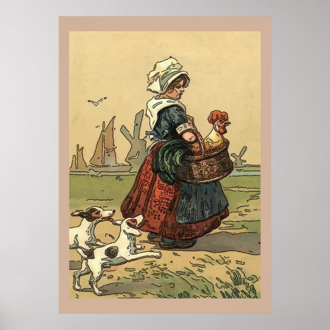 Dutch Girl with Dogs and Chicken Poster (Front)