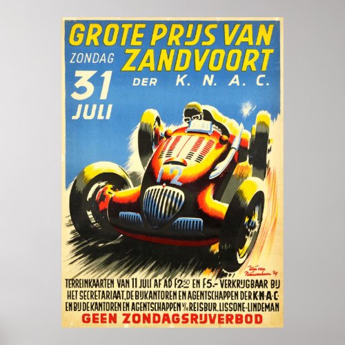Dutch Grand Prix Zandvoort Formula One Car Race Poster