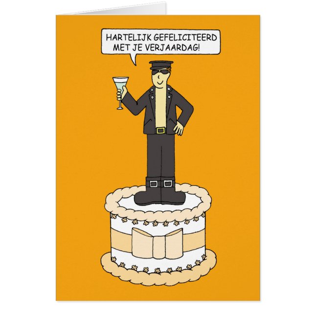 Dutch Happy Birthday Cartoon Man in Leather (Front)