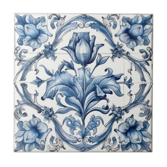 Dutch Holland Blue Tulip Pattern Ceramic Tile (Front)