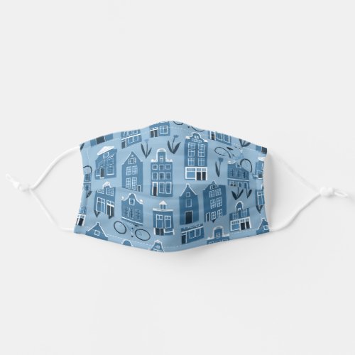 Dutch Houses Amsterdam Tulips Bikes Pattern Blue Adult Cloth Face Mask