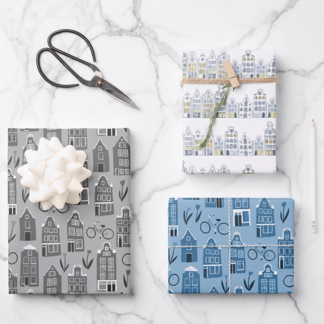 Dutch Houses Bikes Tulips Amsterdam Variety Pack Wrapping Paper Sheets (Front)