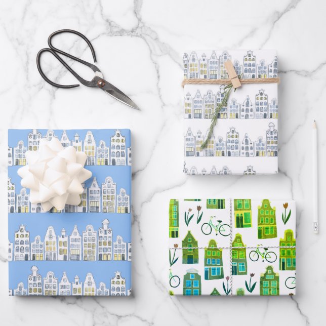 Dutch Houses Bikes Tulips Amsterdam Variety Pack Wrapping Paper Sheets (Front)