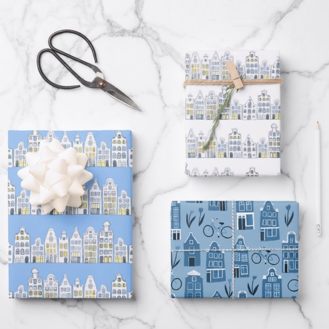 Dutch Houses Bikes Tulips Amsterdam Variety Pack Wrapping Paper Sheets (Front)