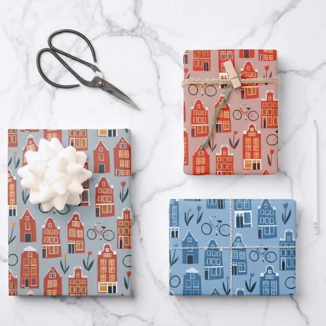Dutch Houses Bikes Tulips Amsterdam Variety Pack Wrapping Paper Sheets (Front)