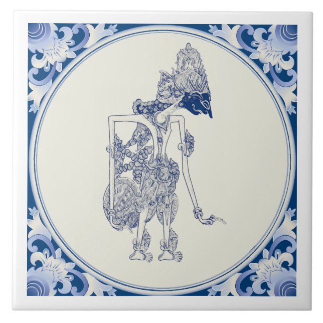 Dutch-Indonesian Shadow Puppet Delft Blauw V2. Ceramic Tile (Front)