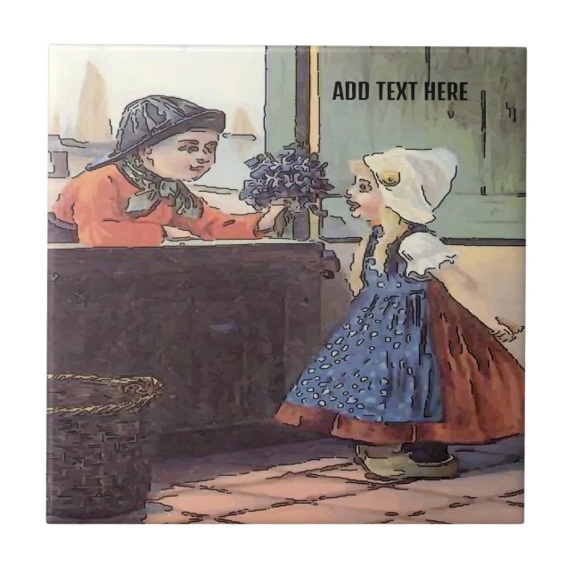 Dutch Kids Flowers  Tile, Dutch Look, Personalize Ceramic Tile (Front)