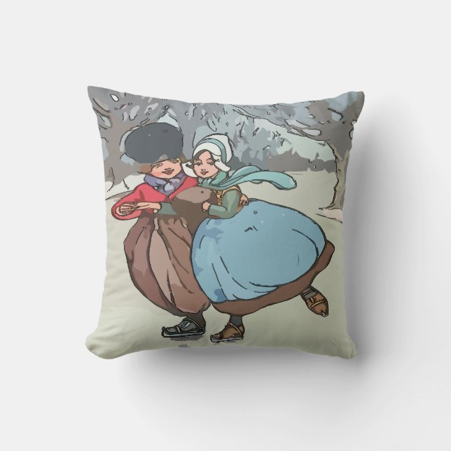 Dutch Kids Ice Skating Throw Pillow (Front)