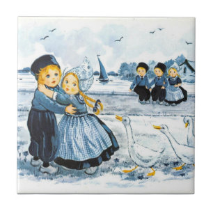 Dutch Kids with Geese Ceramic Tile