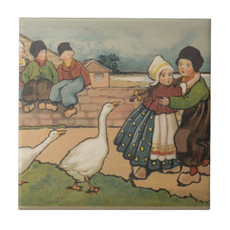 Dutch Kids with Geese Ceramic Tile