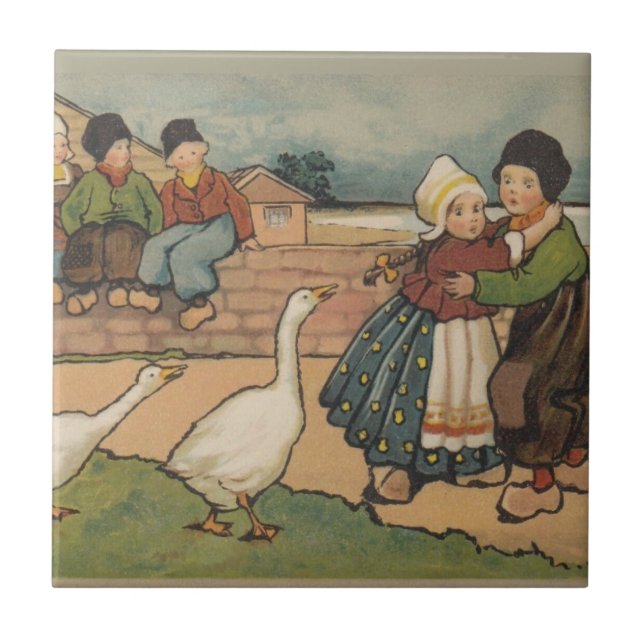Dutch Kids with Geese Ceramic Tile (Front)