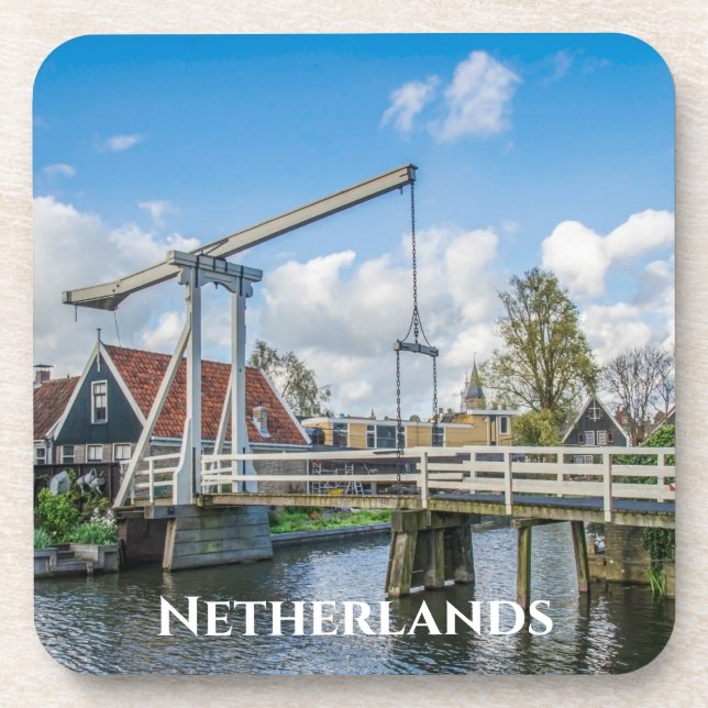 Dutch lifting wooden bridge in Netherlands Beverage Coaster (Front)
