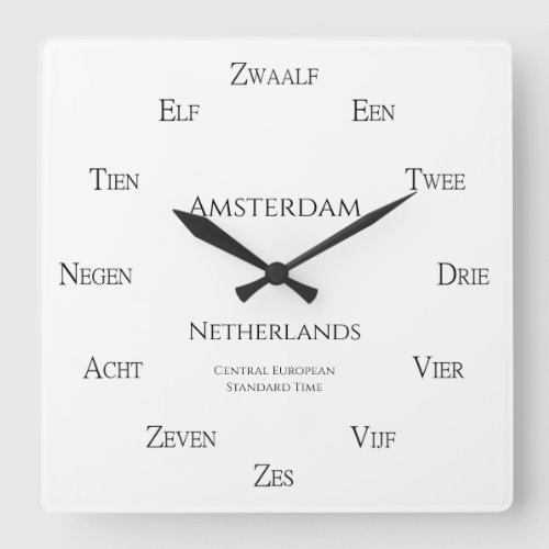 Dutch Numbers Personalized City Country Time Zone Square Wall Clock