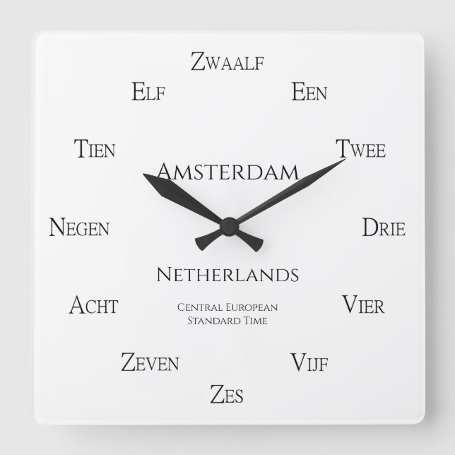 Dutch Numbers Personalized City Country Time Zone Square Wall Clock (Front)