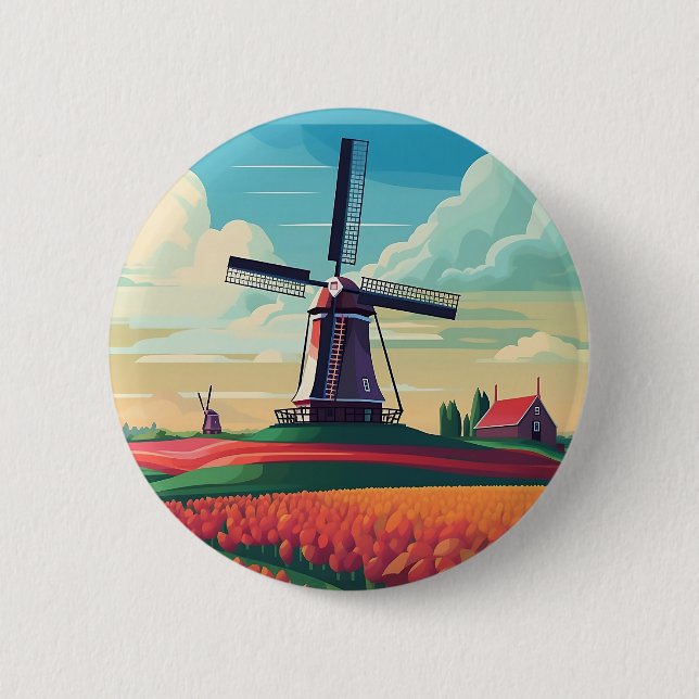 Dutch Orange Tulip Field Windmill Netherlands  Button (Front)