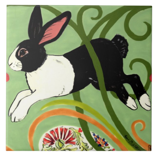 Dutch Rabbit on Green Art Deco Designer Tile (Front)