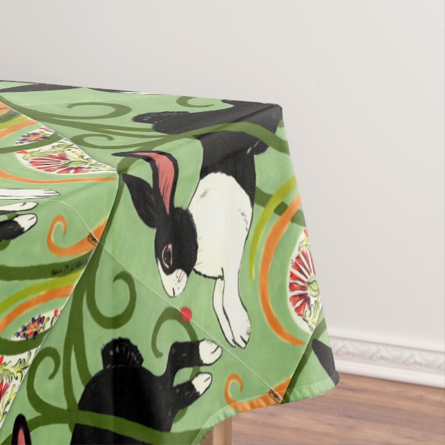 Dutch Rabbit on Green Tiled Home Accent Tablecloth (In Situ)