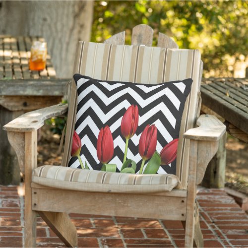 Dutch Red Tulips Modern Black White Zigzag Pattern Outdoor Pillow