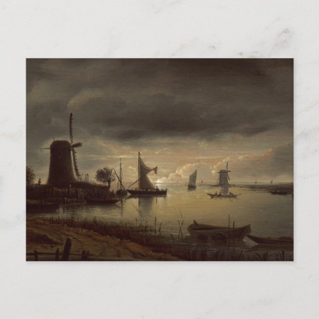 Dutch River Scene with Windmill by van Borssom Postcard (Front)