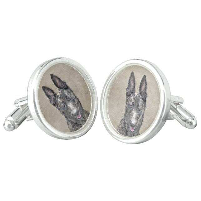 Dutch Shepherd Painting - Cute Original Dog Art Cufflinks (Angled)