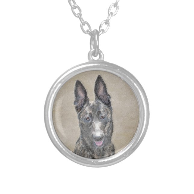 Dutch Shepherd Painting - Cute Original Dog Art Silver Plated Necklace (Front)