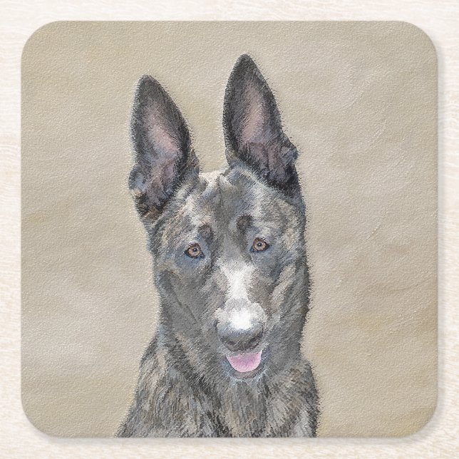 Dutch Shepherd Painting - Cute Original Dog Art Square Paper Coaster (Front)