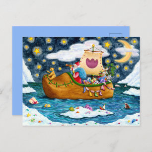 DUTCH SHOE SANTA SHIP, ICEBERGS, WHALE, TEDDY BEAR HOLIDAY POSTCARD