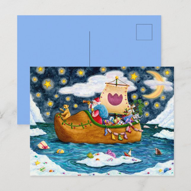 DUTCH SHOE SANTA SHIP, ICEBERGS, WHALE, TEDDY BEAR HOLIDAY POSTCARD (Front/Back)