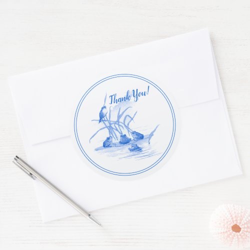 Dutch Style Delft Blue Frogs and Bird Thank You Classic Round Sticker