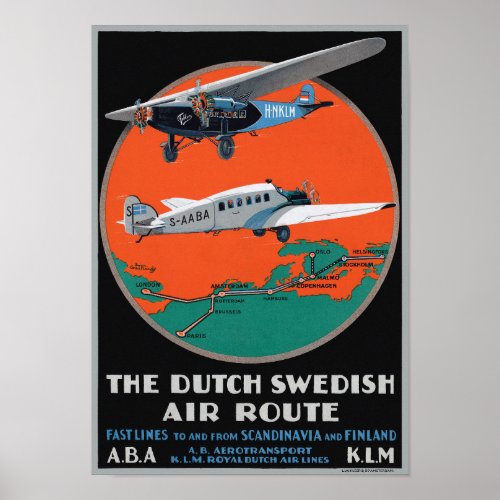 Dutch Swedish Air Route Vintage Poster 1930