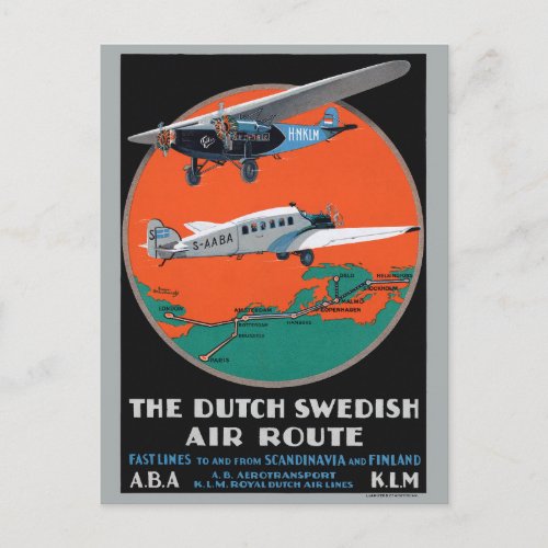 Dutch Swedish Air Route Vintage Poster 1930 Postcard