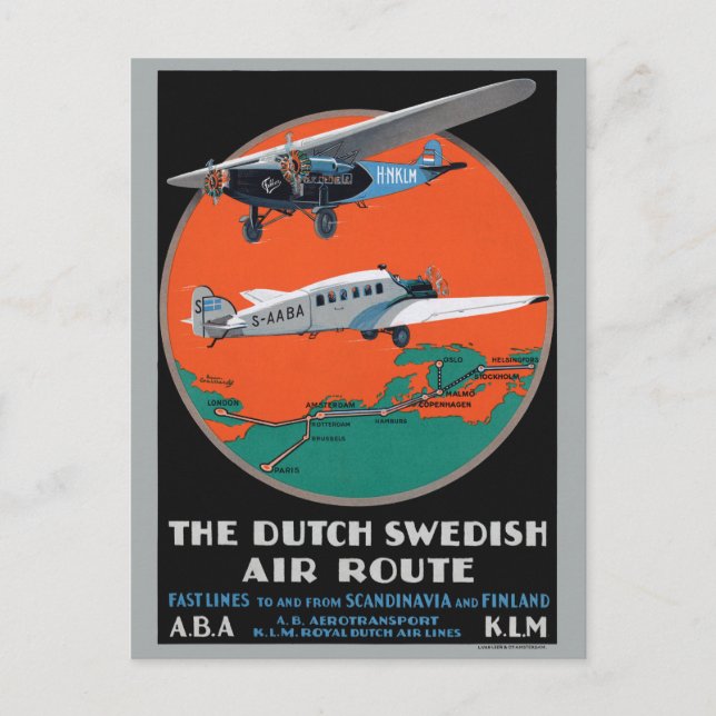Dutch Swedish Air Route Vintage Poster 1930 Postcard (Front)