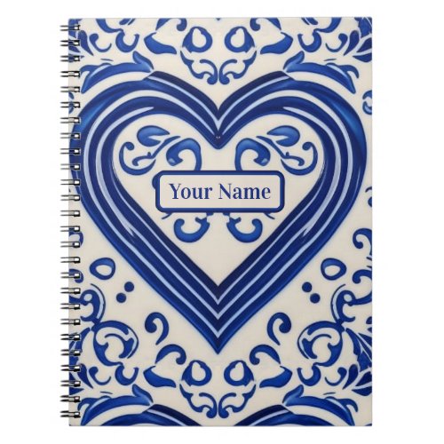 Dutch Tile _ Blue  White Painted Heart _ add text Notebook