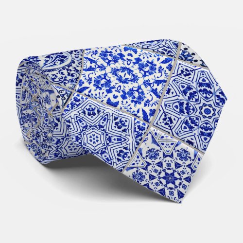 Dutch Tiles _ 3D Effect Blue and White Vintage Neck Tie