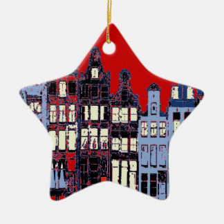 Dutch Town At Night Full Moon, Red Doors Ceramic Ornament
