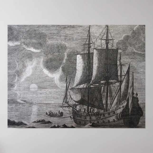 Dutch V.O.C. Ship on Sea at Sunrise Poster Print (Front)