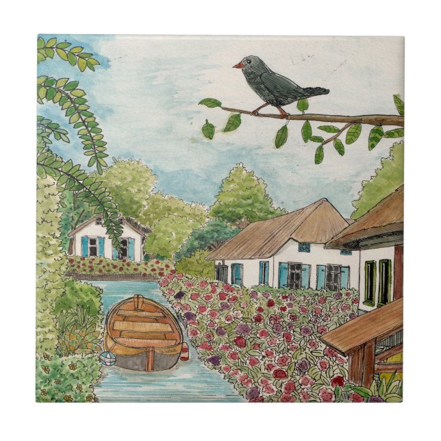 Dutch Venice Giethoorn Netherlands Ink Watercolor Ceramic Tile (Front)