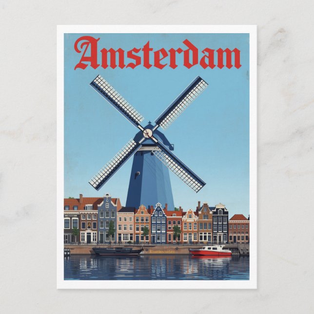 Dutch Windmill and Canal Scene Amsterdam Postcard (Front)
