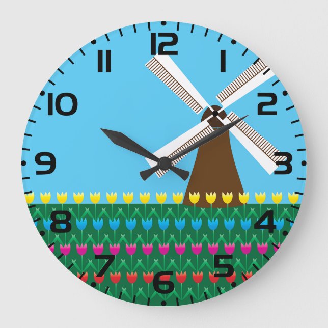 Dutch Windmill and Colorful Tulip Field Large Clock (Front)