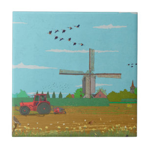 Dutch Windmill Countryside Landscape Netherland Ceramic Tile