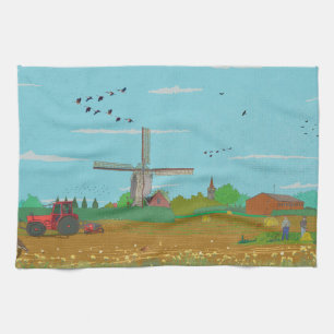 Dutch Windmill Countryside Landscape Netherland Kitchen Towel