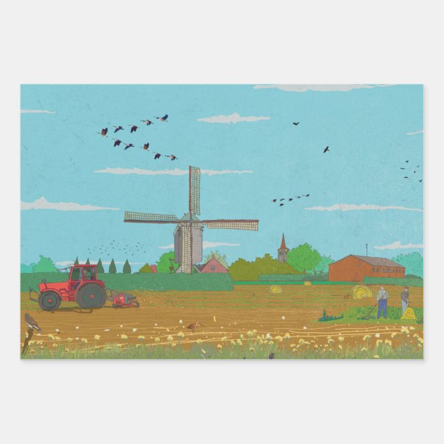 Dutch Windmill Countryside Landscape Netherland Wrapping Paper Sheets (Front)