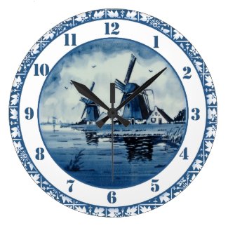 Dutch Windmill Delft Colors Blue and White Large Clock